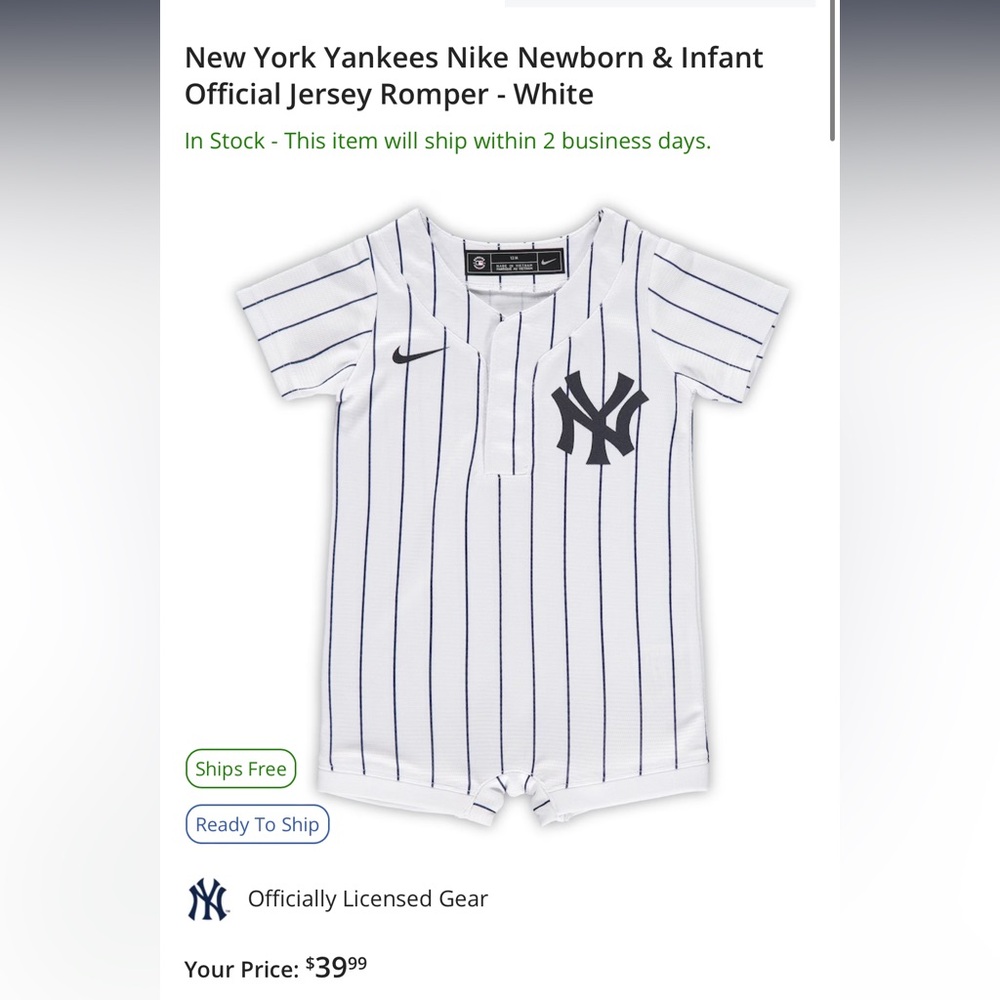 NY Yankees Nike Newborn/Infant Official Jersey Romper